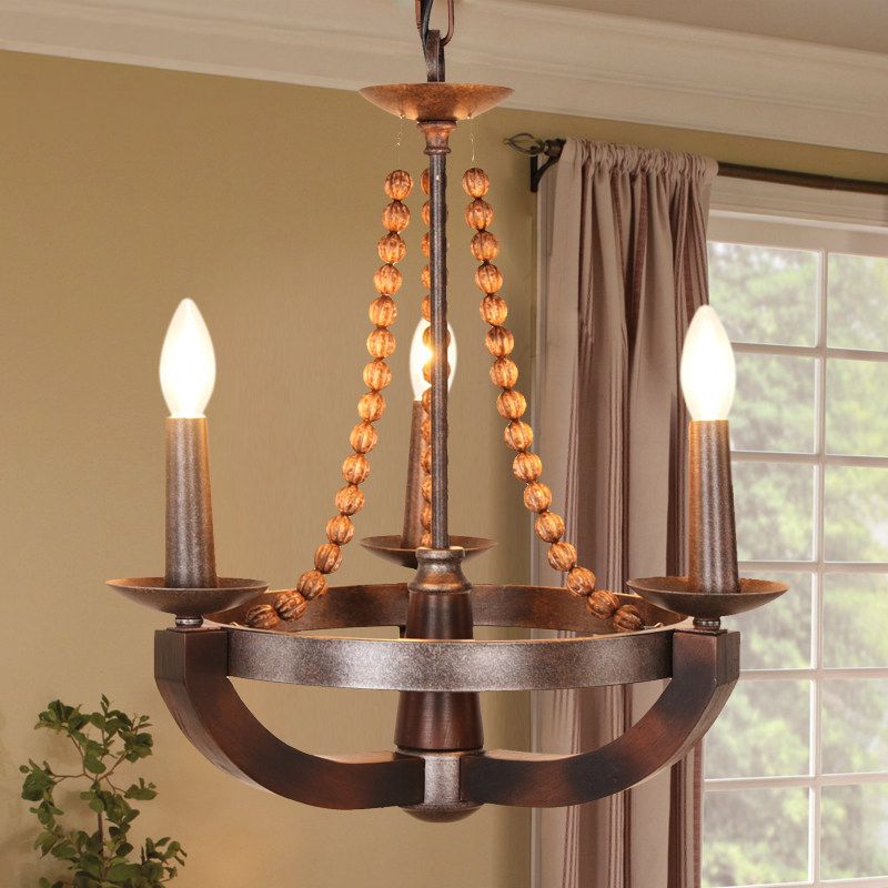 Country Candlelabrum Pendant Light 3 Lights Metal Chandelier Lamp in Dark Wood