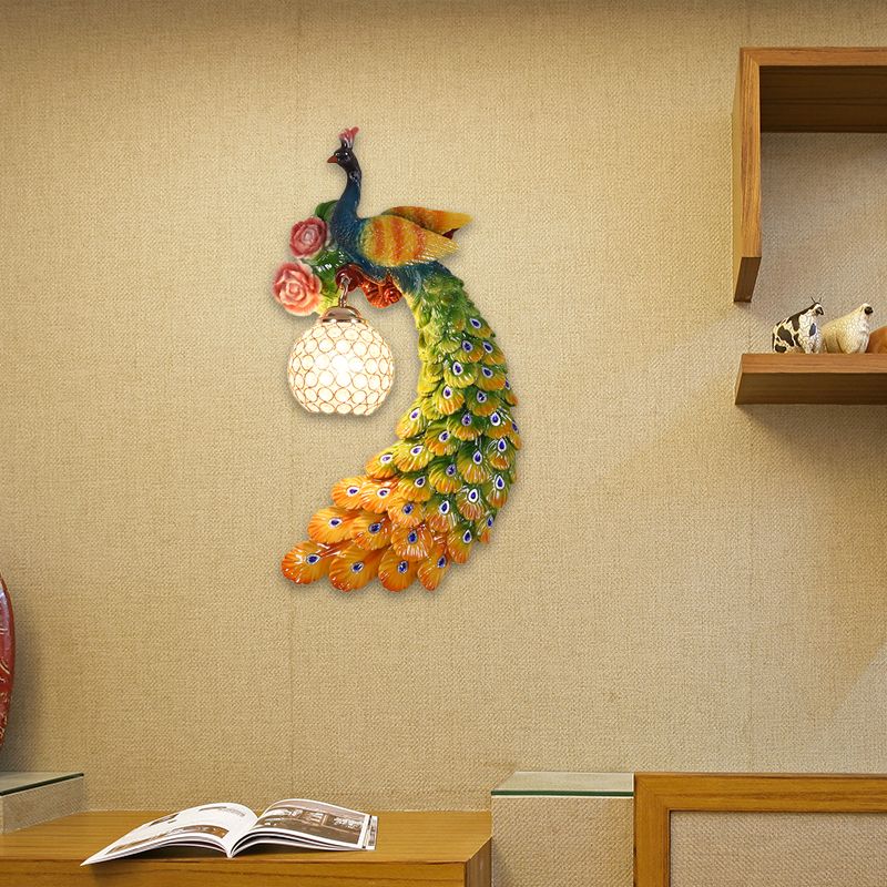 1/2-Pack Blue/Green Peacock Wall Light Fixture 8"/10" Wide 1 Head Retro Style Resin Wall Lamp with Crystal Global Shade, Left/Right