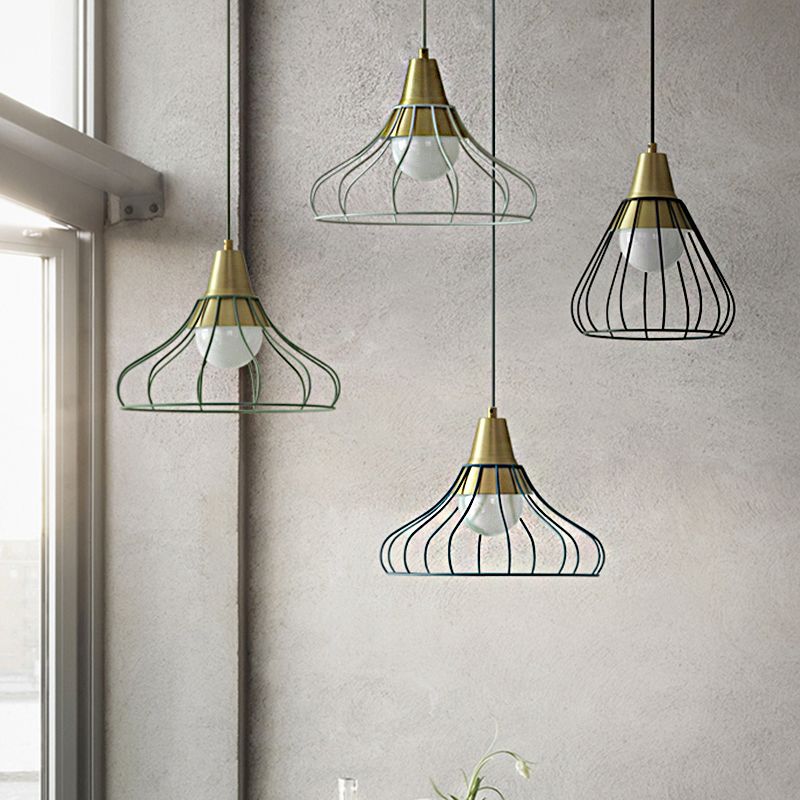 Iluminación colgante de cono de metal 1 Lámpara de techo colgante de luz con tono de jaula de alambre blanco/negro, 9 "/13" de ancho