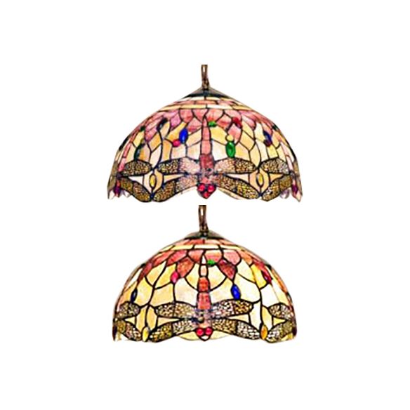 Dome Ceiling Lamp Tiffany Shell 3 Bulbs Pink Hanging Pendant Light with Dragonfly Pattern, 12"/16" Wide