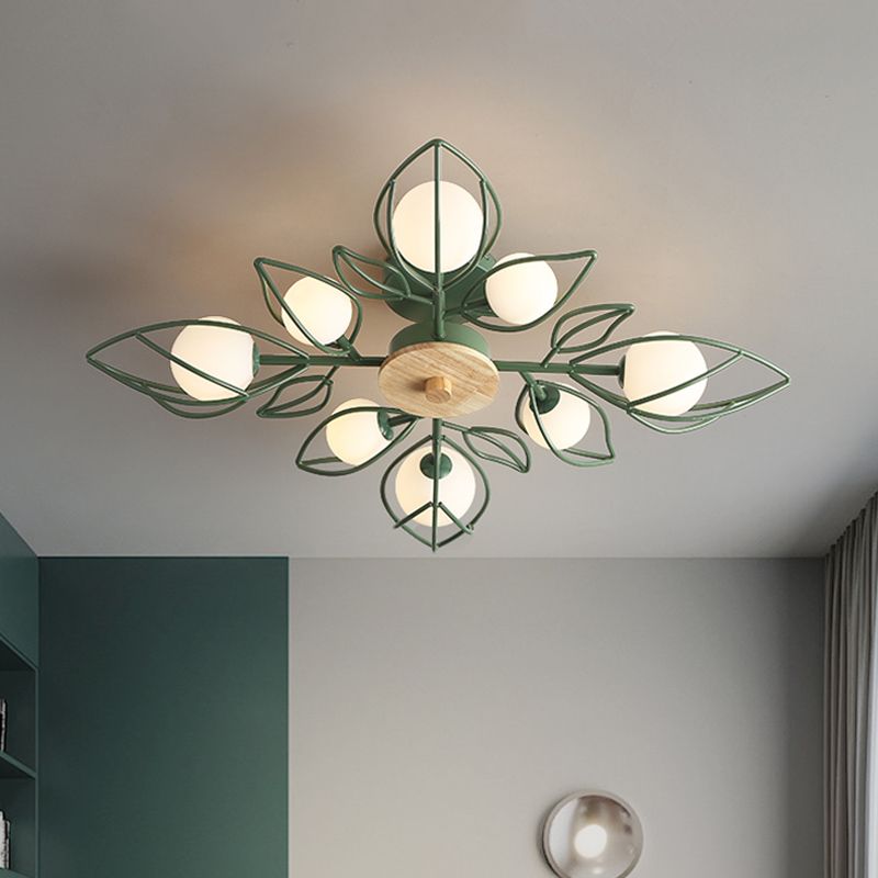 Pétalos de alambre verde Candelera Nordic Nordic 8 luces Metálico Semi Flush Techo de techo con sombra de vidrio orbe