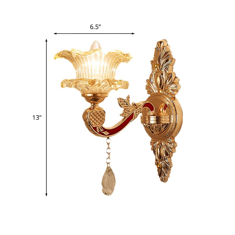 1 Bulb Flower/Sector Wall Mounted Lamp Traditional Clear Ribbed Glass Sconce Light with Gold Carved Arm