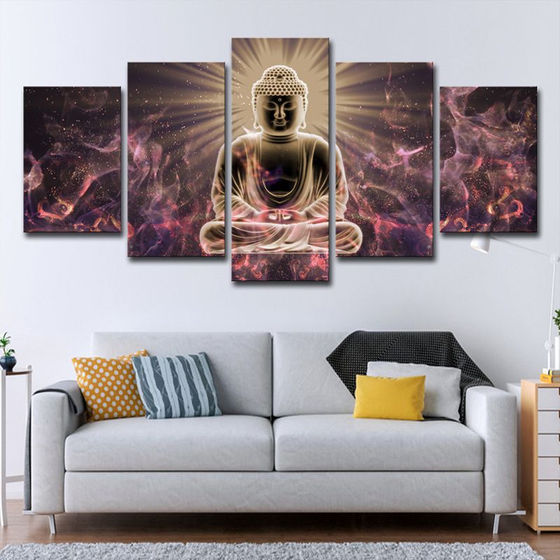 Glittering Buddhist Wall Art Print for Sitting Room Religious Canvas in Purple-Black
