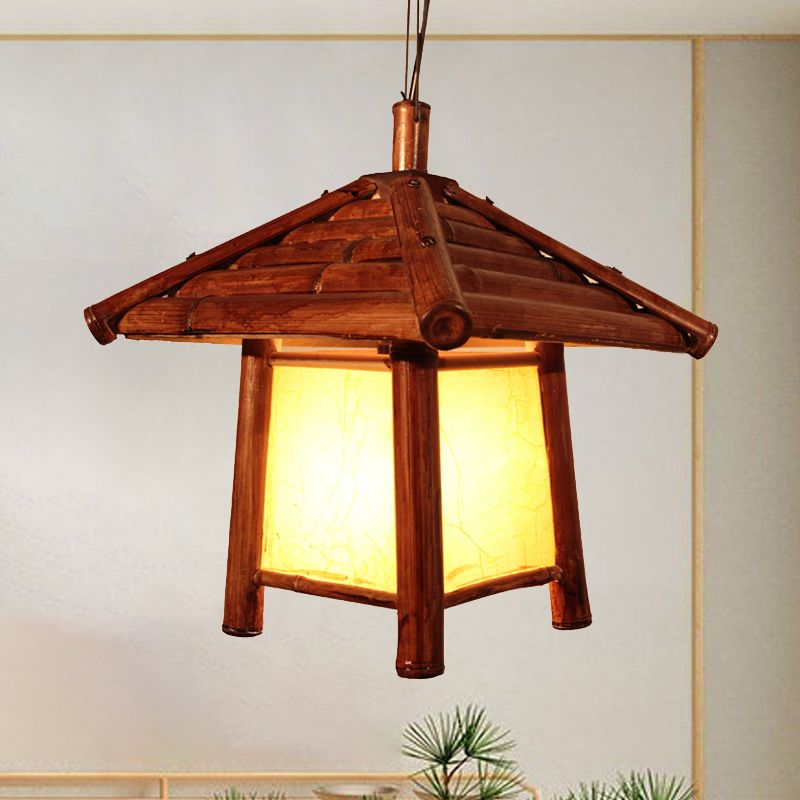 1 Bulb Restaurant Ceiling Light Asian Brown Pendant Lighting Fixture with Tower Wood Shade