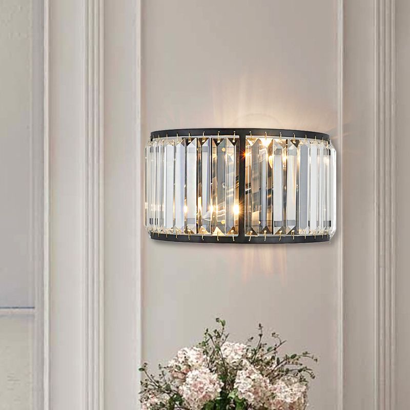 Metal Drum Wall Mount Lighting Modern Style 2 Bulbs Black/Gold Wall Sconce Lamp with Clear Crystal Block