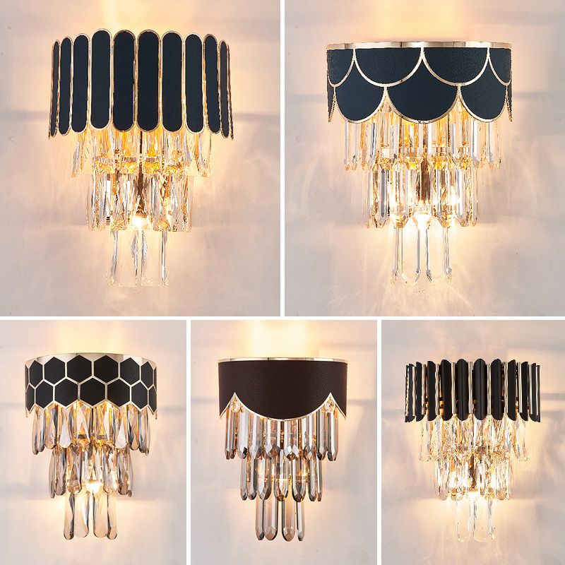 Tapered Flush Wall Sconce Minimalist Crystal 3 Bulbs Black Wall Lamp for Bedroom