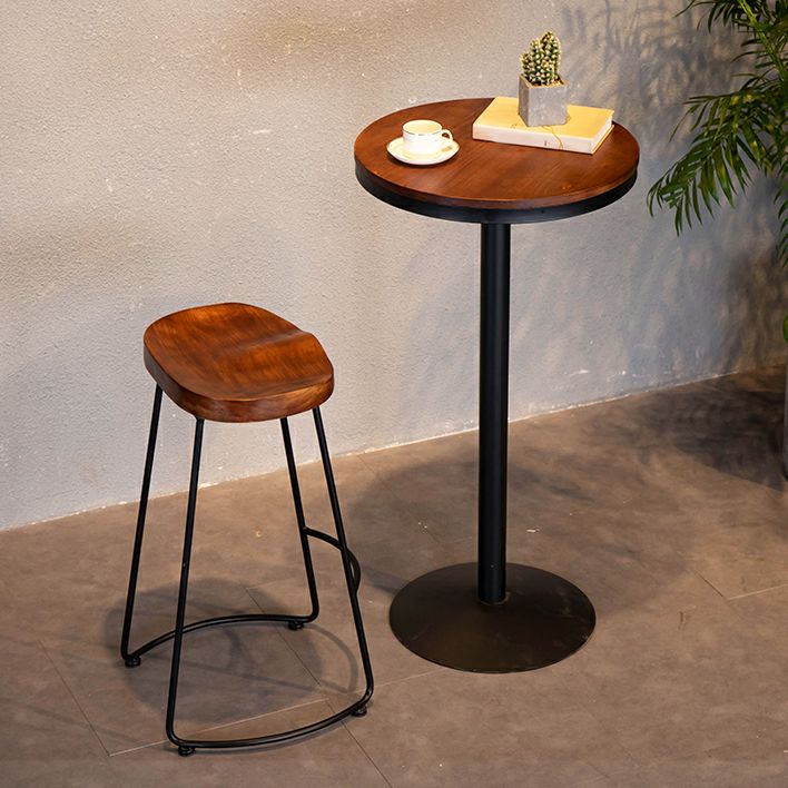 Round Wooden Pub Table Industrial Brown Bistro Bar Table with Metal Pedestal