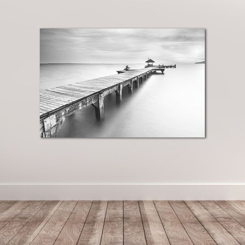 Modern Bridge and Seascape Art Print Light Color Textured Wall Decor for Sitting Room