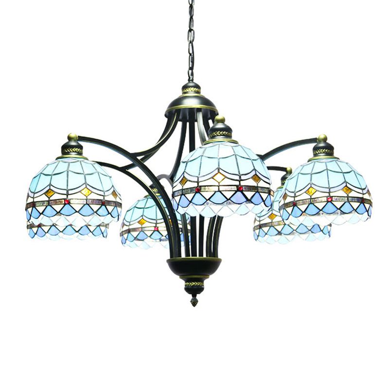 Lampadario in vetro blu color tiffany tiffany a 6 luci 2 23,5 ", ampio soggiorno appeso alla catena regolabile