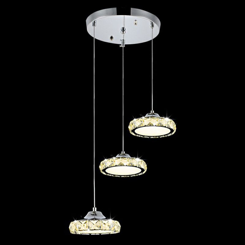Circular Dining Room LED Suspension Light Clear Crystal 3-Head Modern Multiple Hanging Lamp