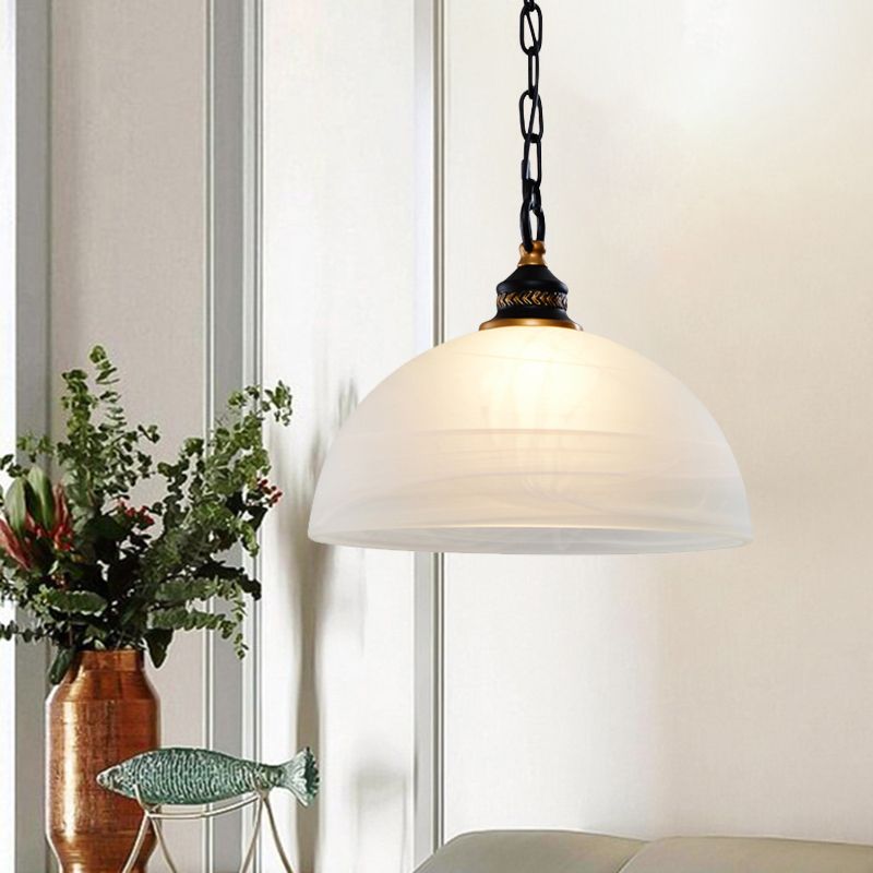 Single-Bulb Dome Ceiling Pendant Light Vintage White Frosted Glass Hanging Lamp for Living Room with Chain