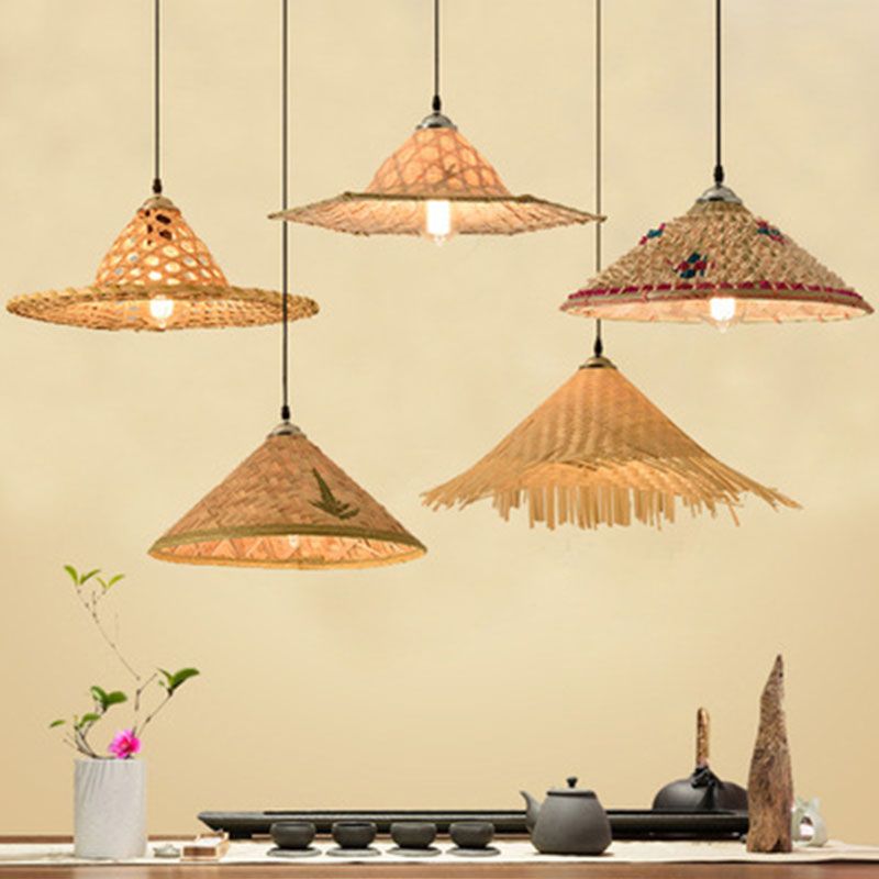 Houten strohoed gevormde hanglamp Aziatische stijl 1 bol bamboe hangende lamp armatuur