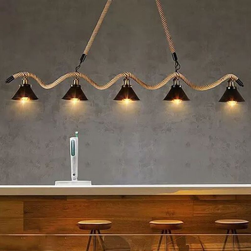 Lampada sospesa avvolta anti -Antique Canca di canapa Il lampadario isola il lampadario in nero