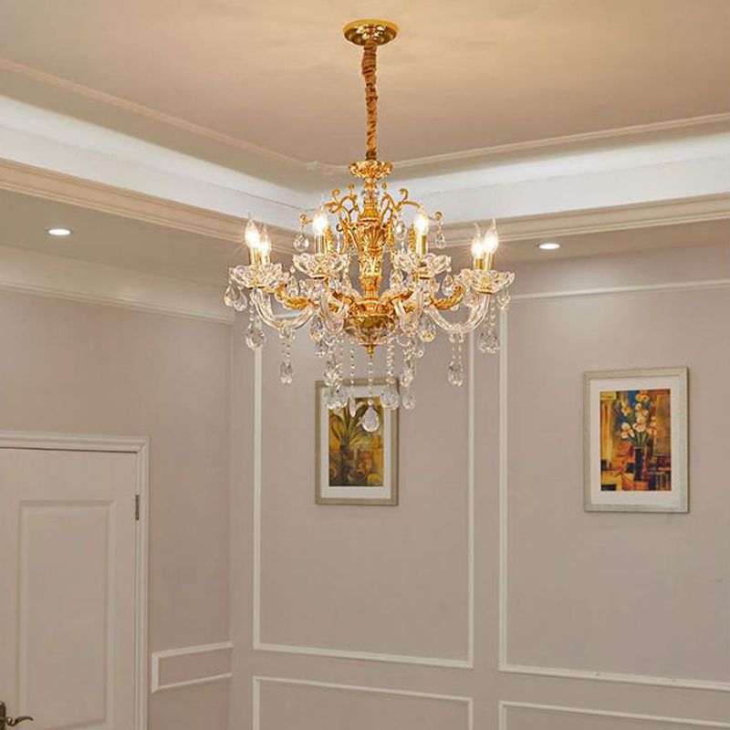 Gold Candelabra Chandelier Light Modernism 8 Heads Metal Pendant Lighting with Dangling Crystal