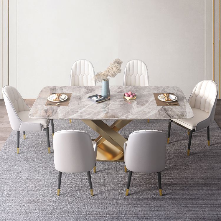Mesa rectangular de lujo tradicional, mesa de piedra sinterizada gris con base de pedestal dorado