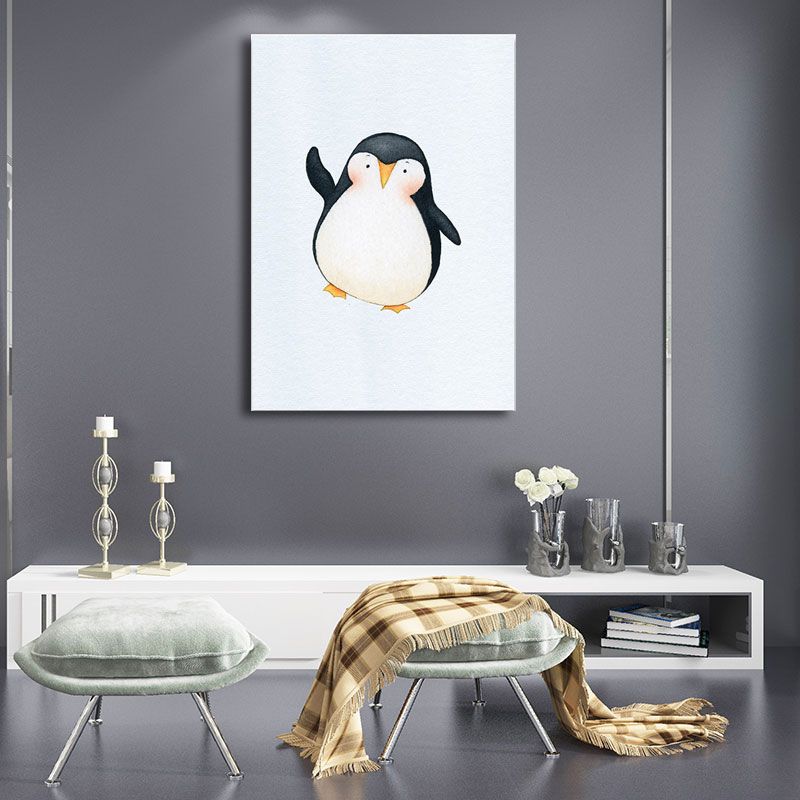 Textured White Wall Art Decor Modernist Cute Penguin Wrapped Canvas for Children Bedroom