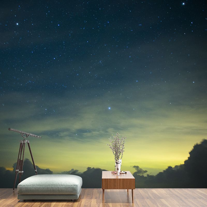 Large Modern Mural Blue-Yellow Mountain and Twinkling Star Sky Wall Decor, Custom-Made
