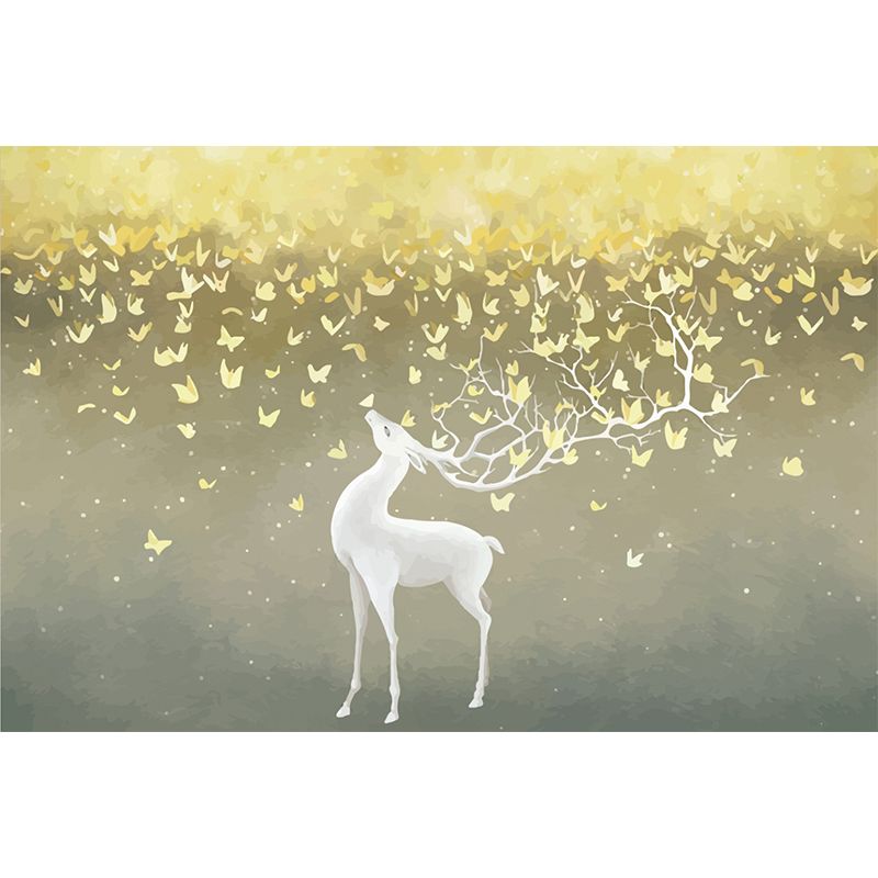 Illustration Deer and Butterfly Murals for Kids Bedroom, Grey-Yellow, Made to Measure