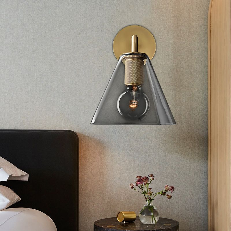 Conic Bedside Wall Mount Light Clear Glass 1-Light Minimalistic Sconce Lamp in Brass