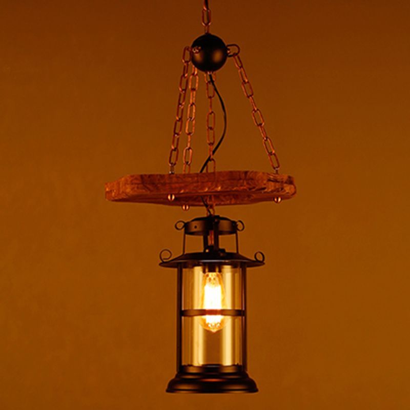 Wood 1-Head Pendant Light Coastal Clear Glass Cylindrical Hanging Ceiling Light for Restaurant