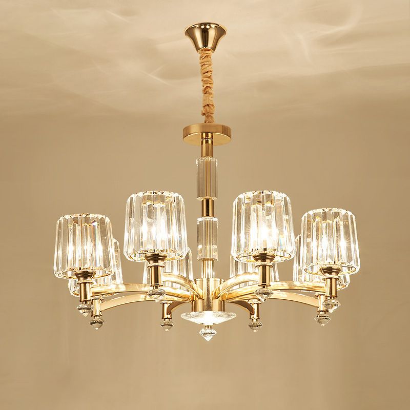 Cylindrical Living Room Chandelier Clear Crystal Modernism Hanging Light in Brass