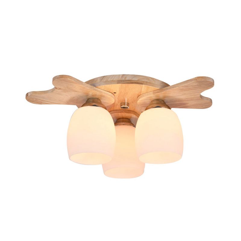 Cream Glass Bell Flush Ceiling Light Nordic 1/5/7-Head Semi Mount Lighting with Antler Top in Wood