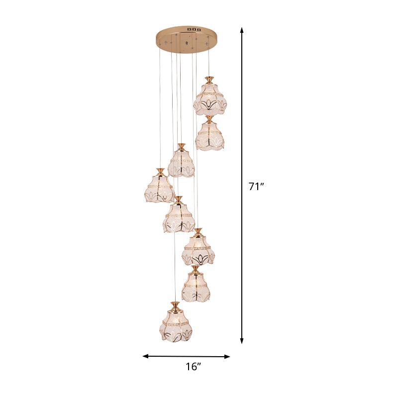 White Glass Spiral Hanging Light Contemporary 8-Light Stair Multi Lamp Pendant with Flower Shade