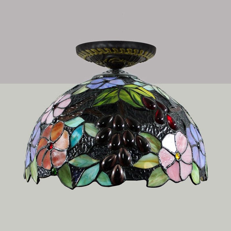 Stained Glass Blossom Ceiling Fixture Tiffany 1 Light Brass Flushmount Ceiling Lamp, 12"/16" W