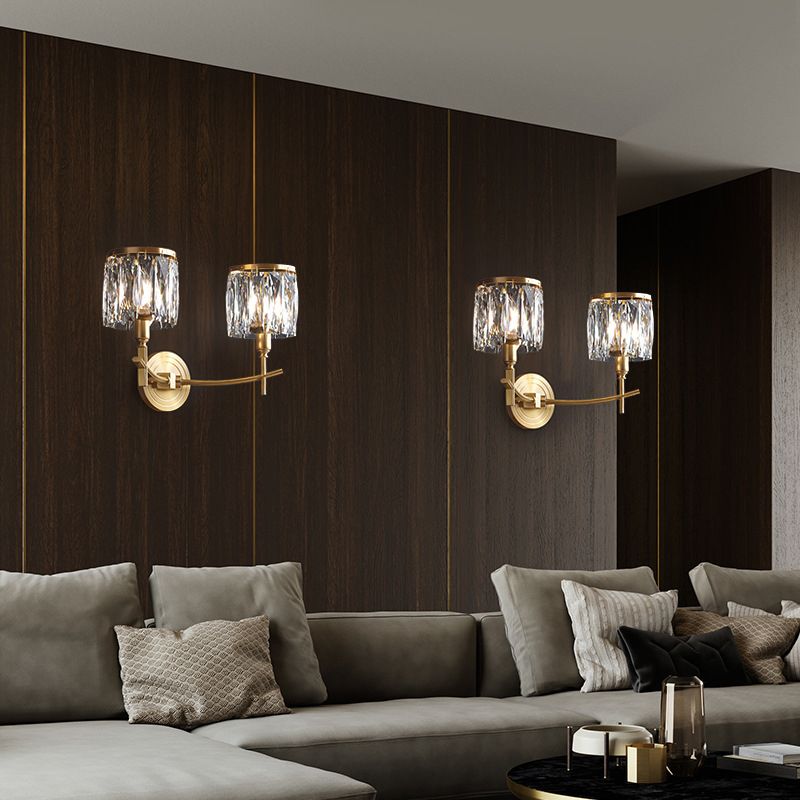 Postmodern Style Crystal Wall Light Gold Drum Shape Wall Sconce for Living Room
