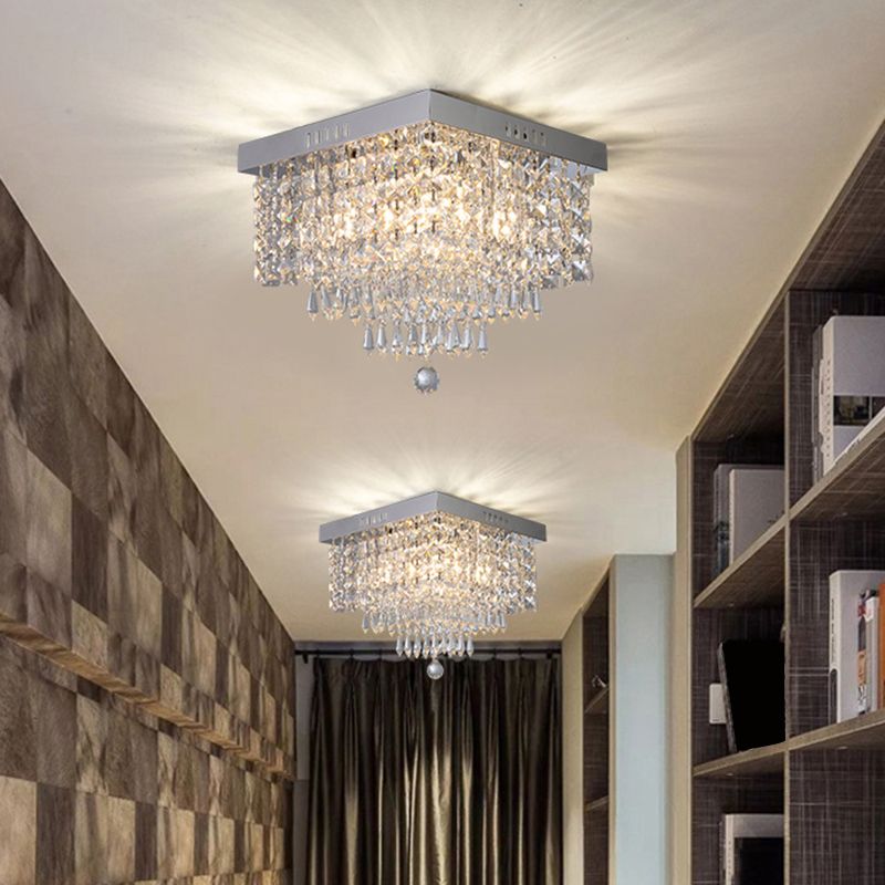 Square Corridor Ceiling Fixture Contemporary Crystal Beads 2/4 Heads Clear Flush Mount Lighting, 10"/12" Width