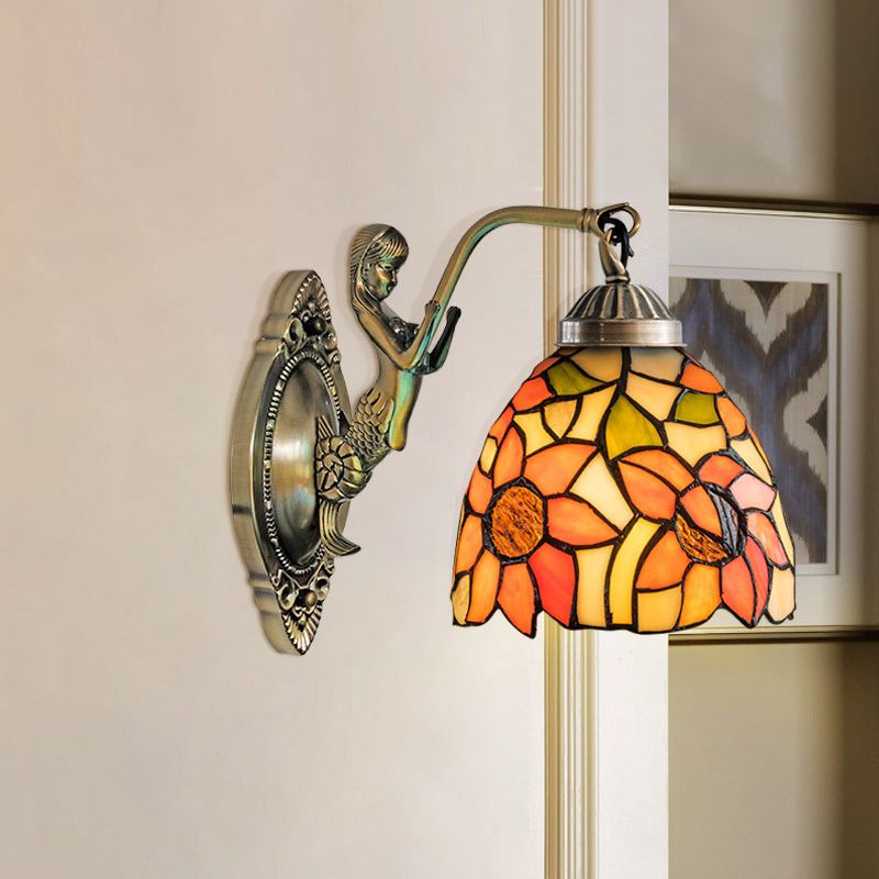 Cut Glass Beige/Orange Wall Mounted Light Bowl 1-Light Victorian Sunflower/Floral Patterned Surface Wall Sconce with Mermaid Arm