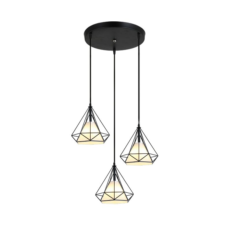 3 Heads Hanging Pendant Light with Diamond Cage Shade Metal Industrial Dining Room Ceiling Lamp in Black