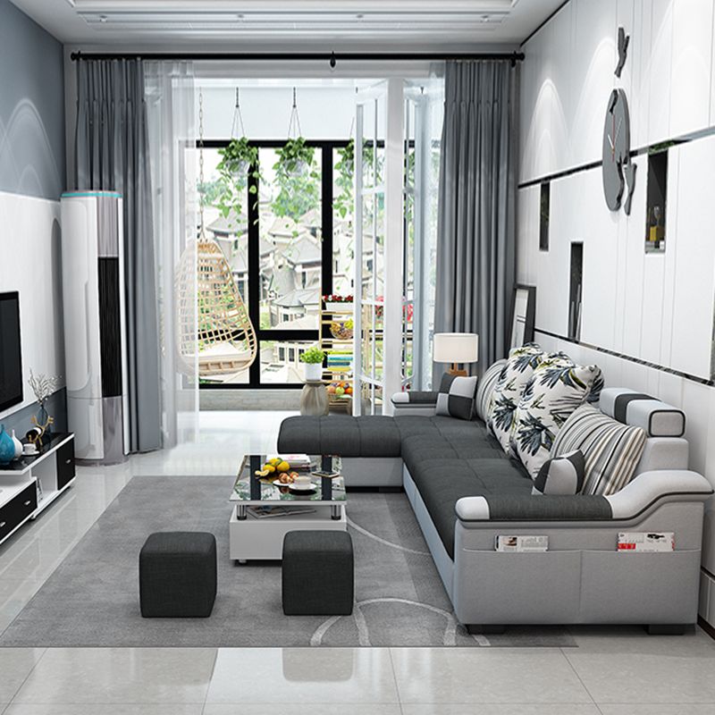 Dark Gray Pillow Top Arm Sectional Upholstered Cushions Back Sofa and Chaise