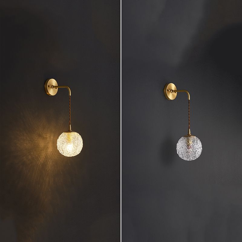 Gold Globe Hanging Wall Sconce in Modern Artistic Style Copper Indoor Wall Lamp with Ripple Crystal Shade