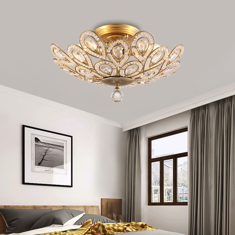 Gold Metal y Crystal Tazón Semi Flush Montada Luz de techo de dormitorio tradicional 3 luces