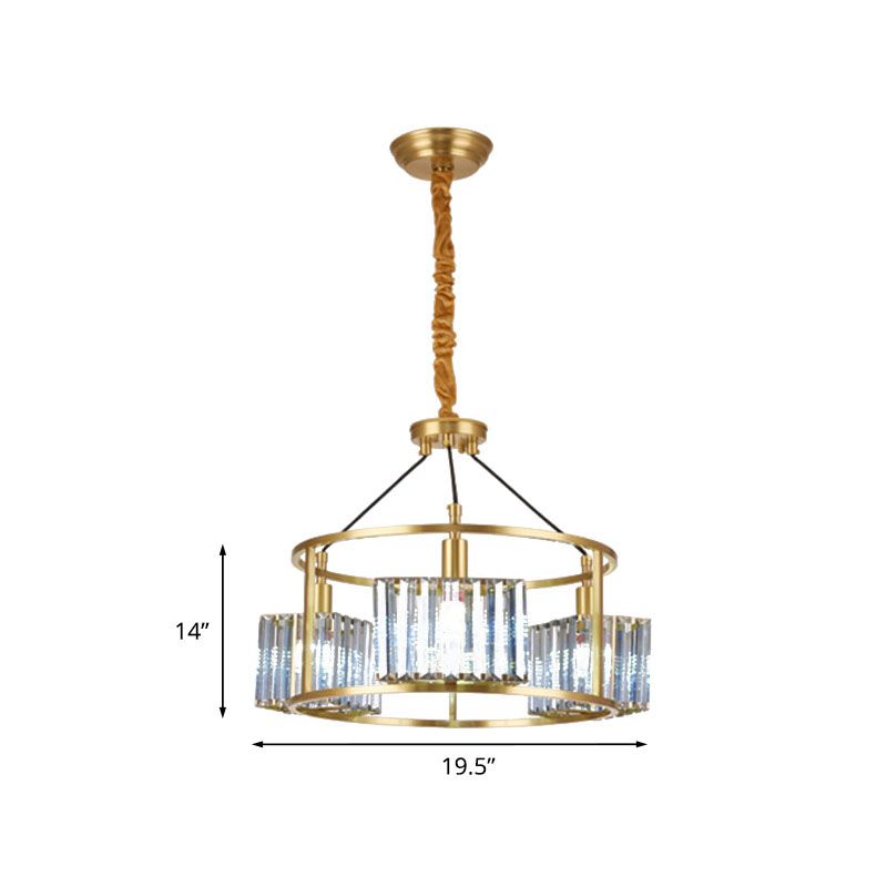 Modern Circular Pendant Chandelier 3-Bulb Crystal Block Hanging Ceiling Light in Brass