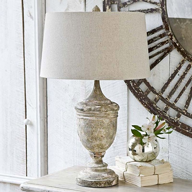 1-Bulb Drum Table Lighting Traditional Style Distressed White Fabric Night Lamp with Font Base