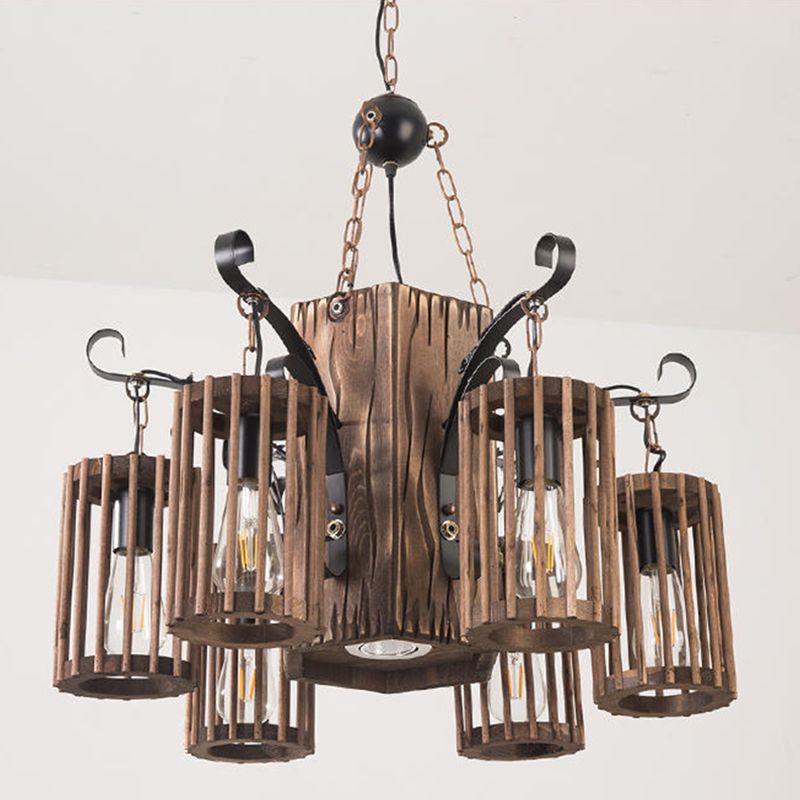 Farmhouse Cylindrical Cage Chandelier Light Wooden Hanging Lamp Kit for Dining Room