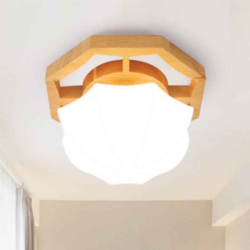 Umbrella Flush Mount Modernism Milk Glass Beige LED Flush Mount Lamp with Wood Canopy, 10"/13"/16.5" Wide