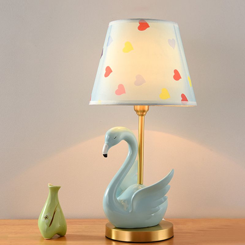 Bucket Shade Patterned Fabric Nightstand Lamp Kids Style Single Table Lighting with Decorative Swan