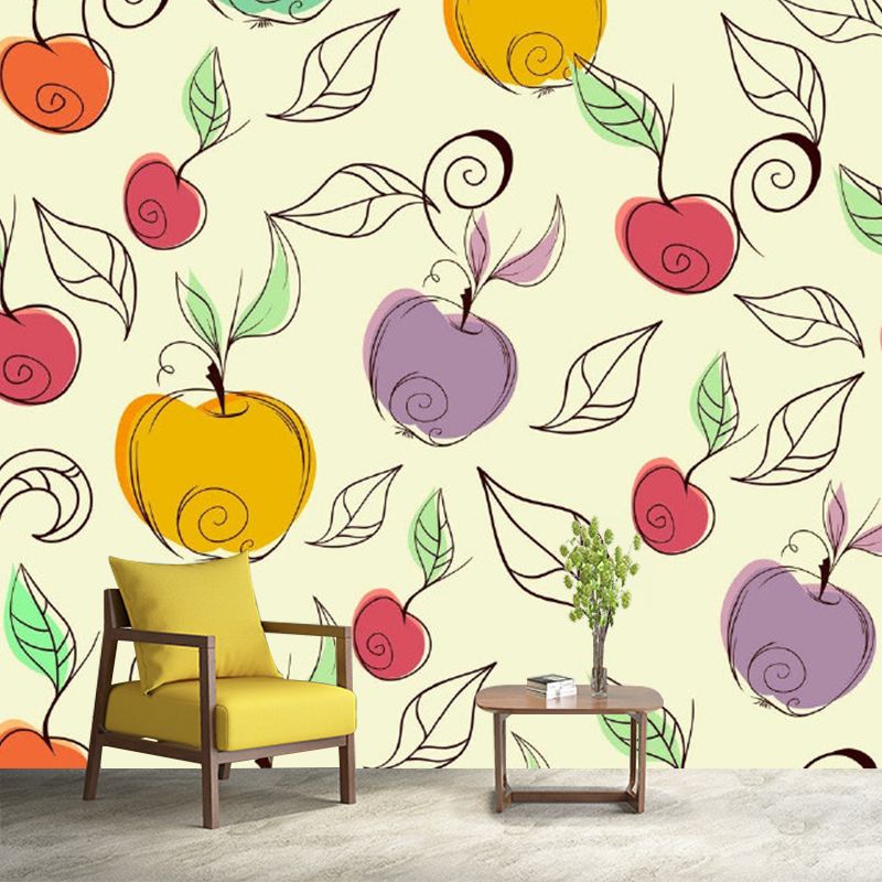 Childrens Art Apple Wall Mural Purple-Yellow Fruit Wall Covering for Kindergarten