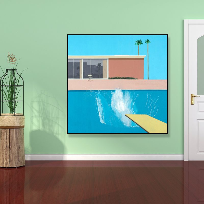 House and Swimming Pool Canvas Textured Contemporary Style for Boys Bedroom Painting