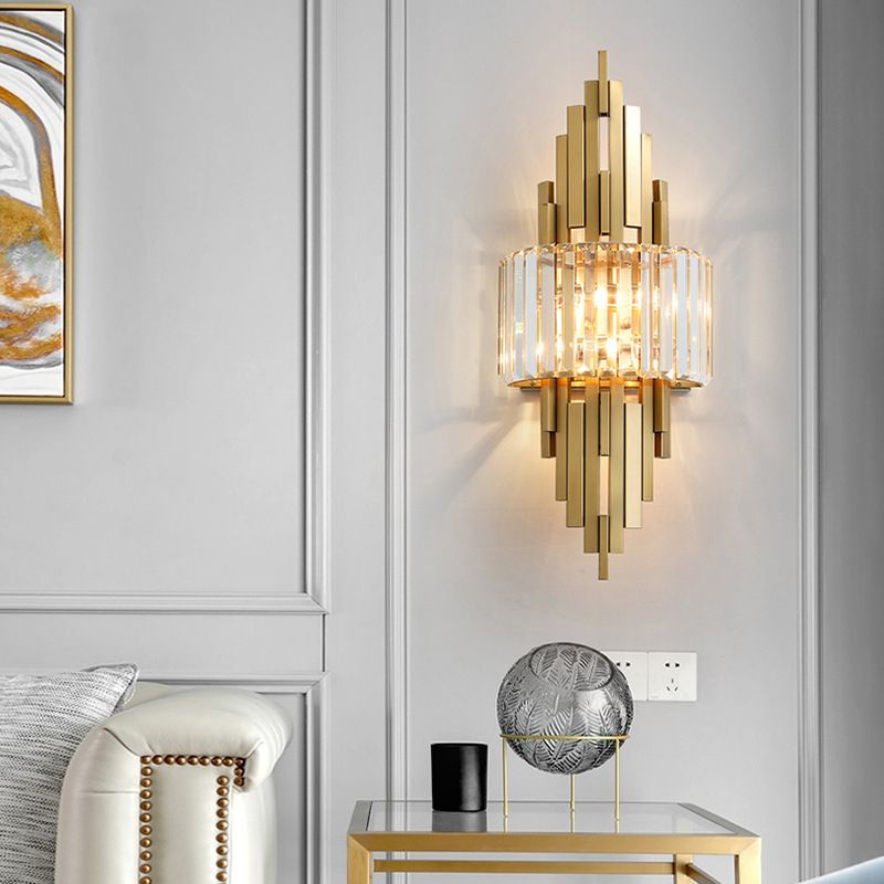 2 Light Metal and Crystal Wall Sconce Brass and Clear Wall Mounted Fixture