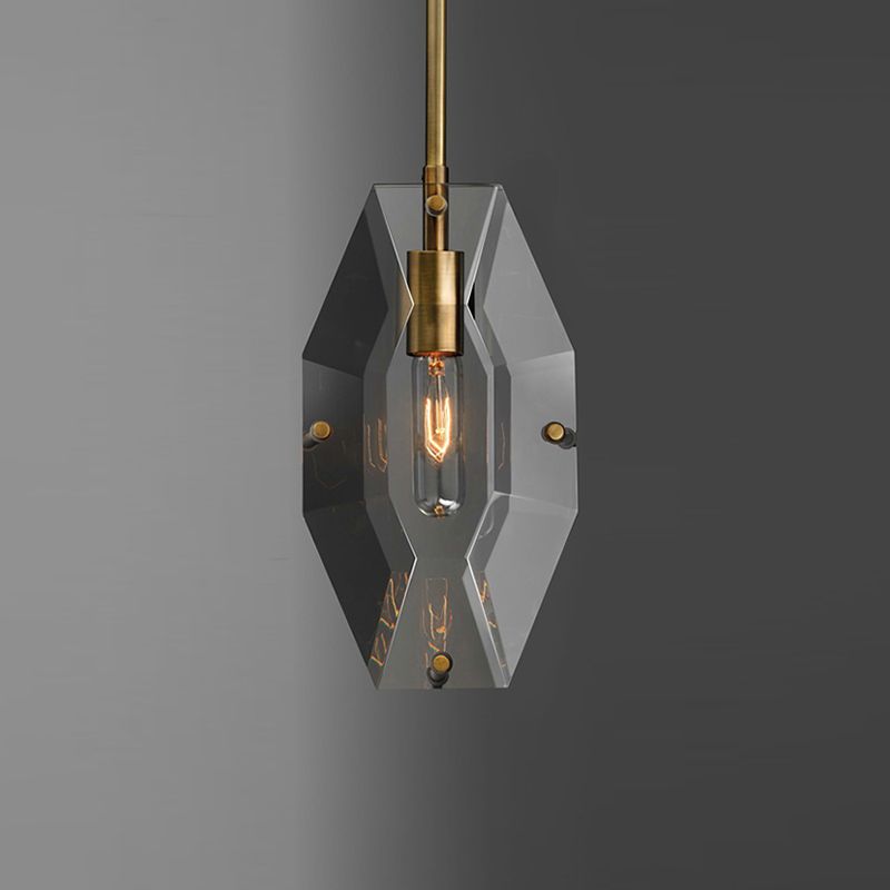 Simple Double Panel Pendant Lighting 1-Bulb Faceted Crystal Ceiling Hang Fixture in Brass