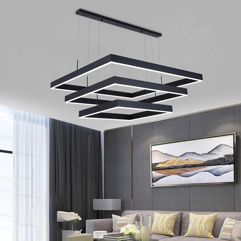 Minimalist Square LED Chandelier Metallic Living Room Suspension Light in Black