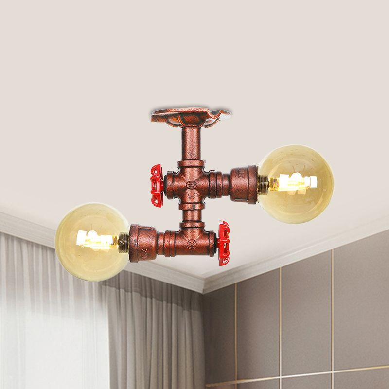 Plafonnier LED en verre ambré et cuivre, boule lumineuse à 2 têtes, luminaire de plafond semi-encastré pour ferme