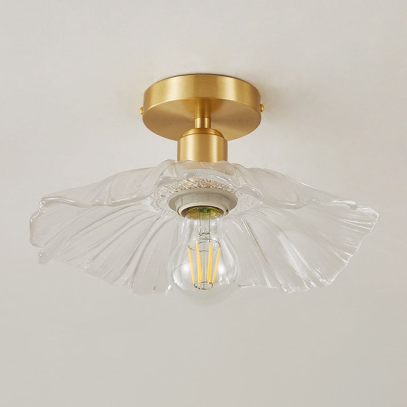 Flower Shape Glass Flush Light Modern Style 1 Light Flush Mount Fixture in Brass