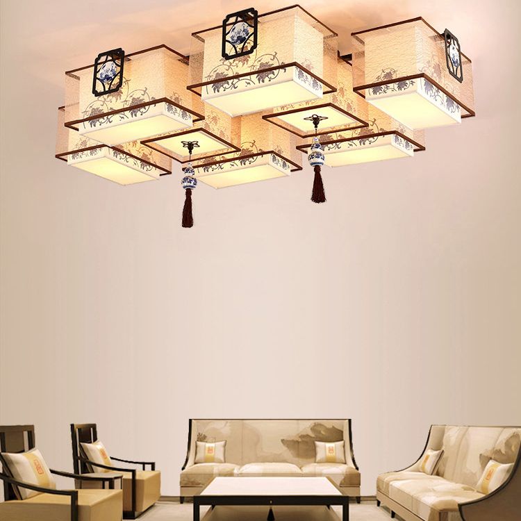Chinese Style Flush Ceiling Light Fixture with Beige Fabric Shade for Living Room