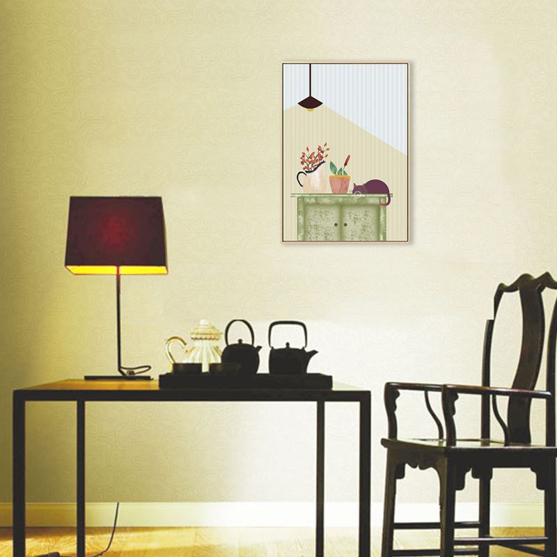 Textured Cat and Potting Painting Canvas Children's Art Wall Print for Guest Room