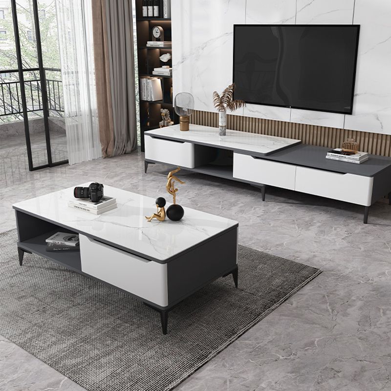 Stone 4 Legs Cocktail Table Rectangle Single Coffee Table with Drawer